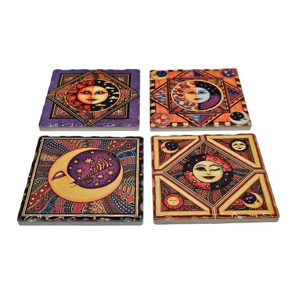 Colorful Retro Boho Sun and Moon Face Coasters Set of 4 - Unique Home Decor - Picture 2 of 10